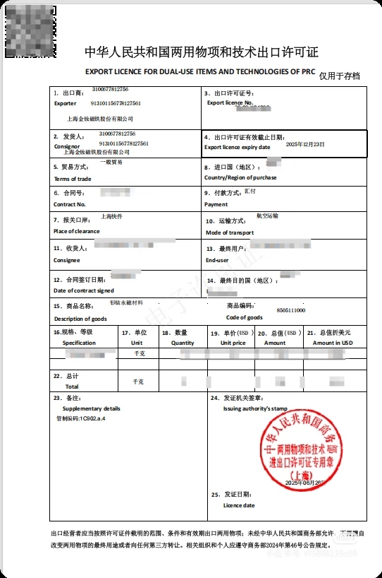 磁铁两用物许可证